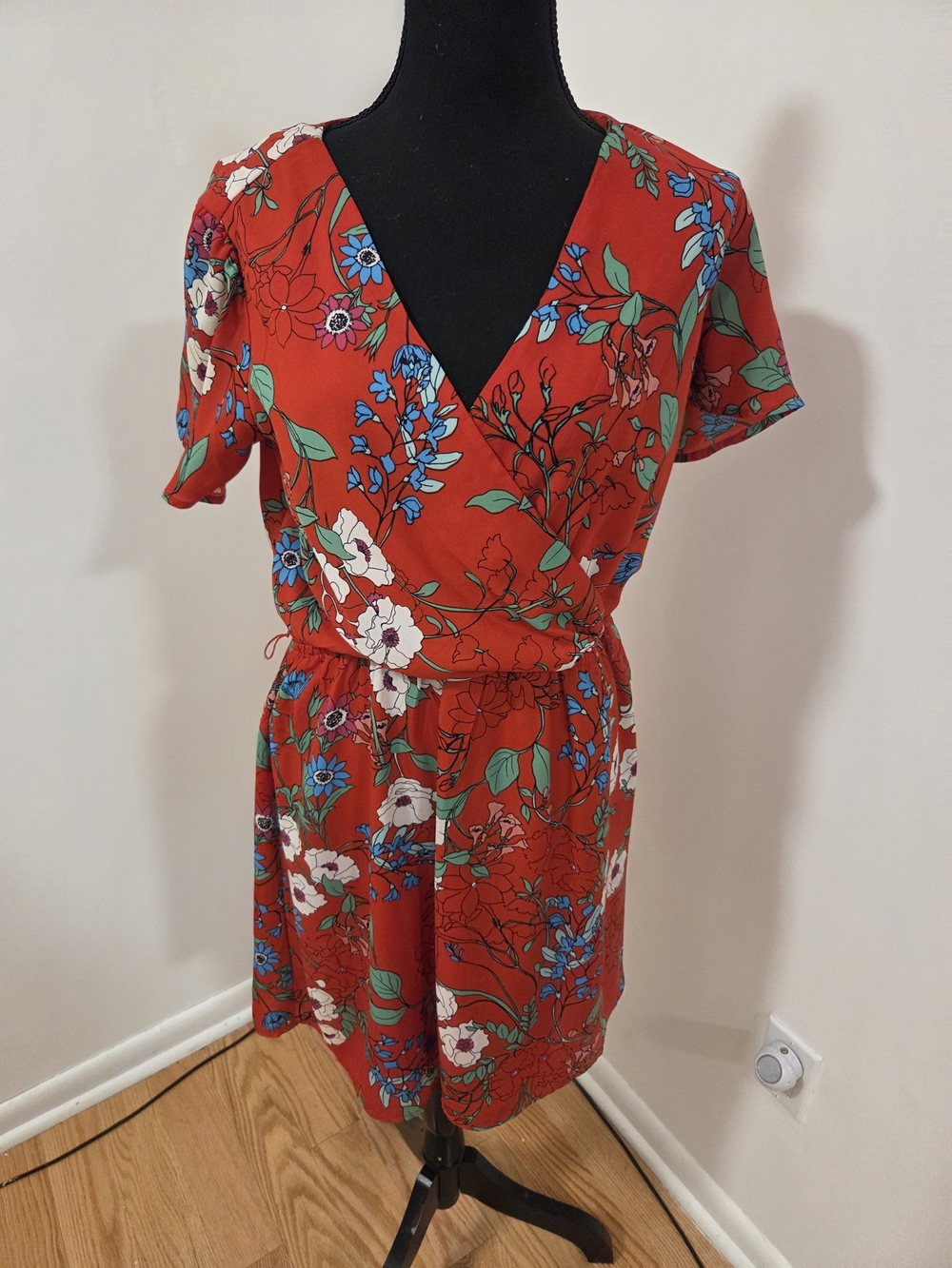 As U Wish Red Floral Wrap Dress with Blue & Green Accents